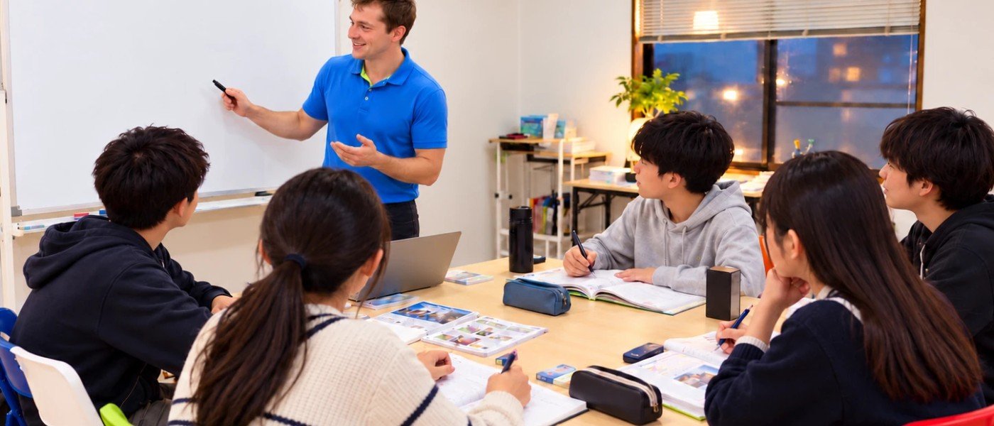 ホワイトボードの前の先生と、机を囲んで学ぶ生徒たち