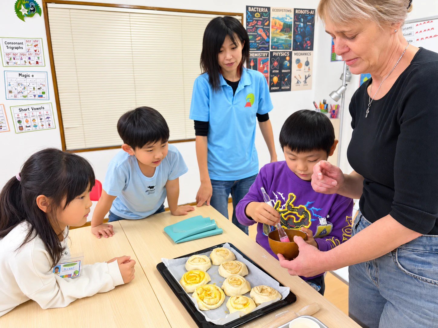 Children and adults adding toppings to dough arranged on a baking tray.