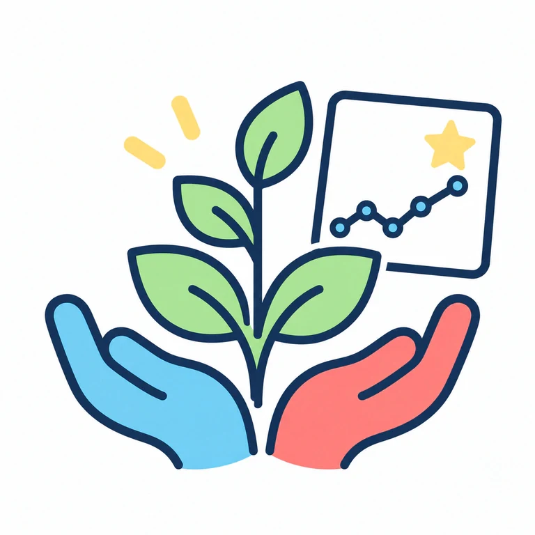 Two hands supporting a growing plant beside a progress report, representing children's development and parent-teacher support