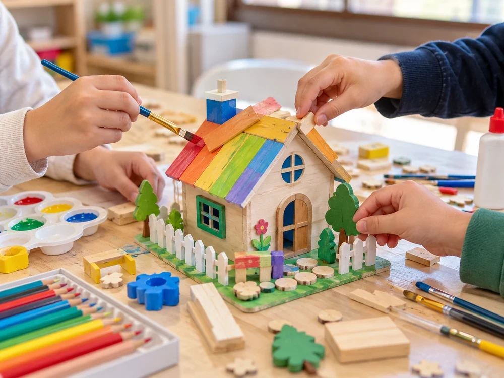 Illustrative scene of children assembling wooden pieces during a creative craft activity at SELS.
