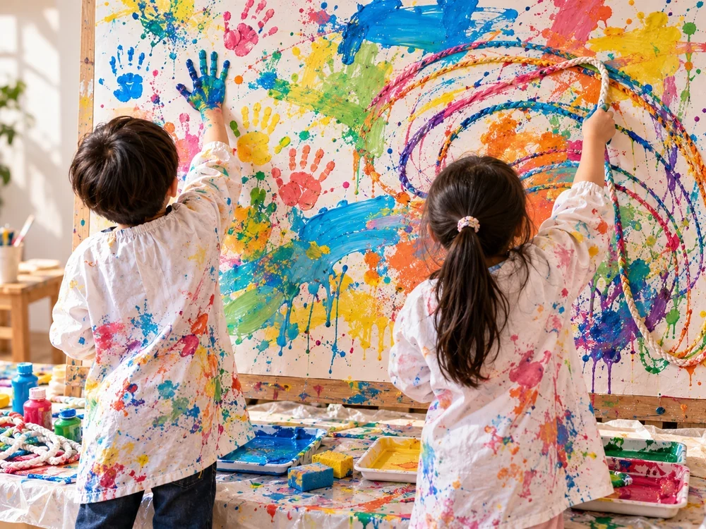 Children creating colorful collaborative artwork with hands and paint-covered ropes during an illustrative SELS art activity.