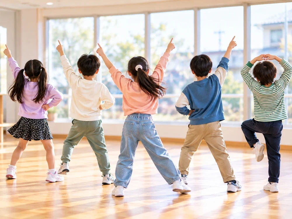 Rear view of children dancing together, illustrating a SELS dance activity.