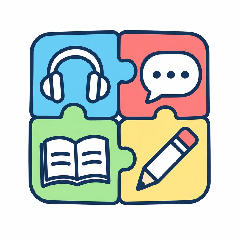 Headphones, speech bubble, open book, and pencil representing the four English skills: listening, speaking, reading, and writing