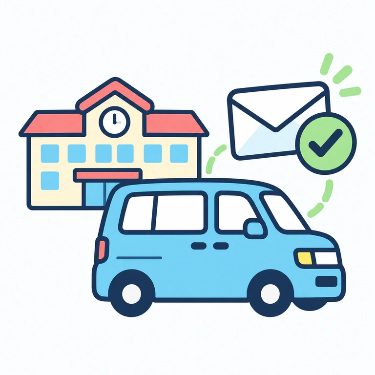 Illustration of SELS free school pickup with a blue minivan, elementary school, and arrival email notification