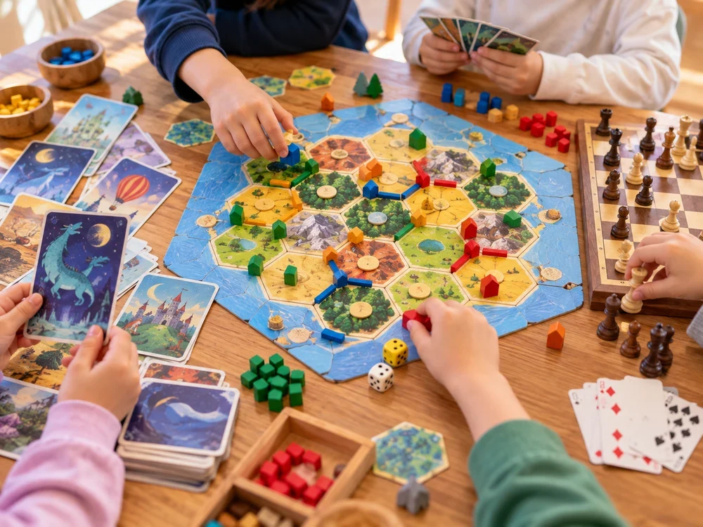 Children's hands playing strategy board games and storytelling card games during an illustrative SELS indoor activity.