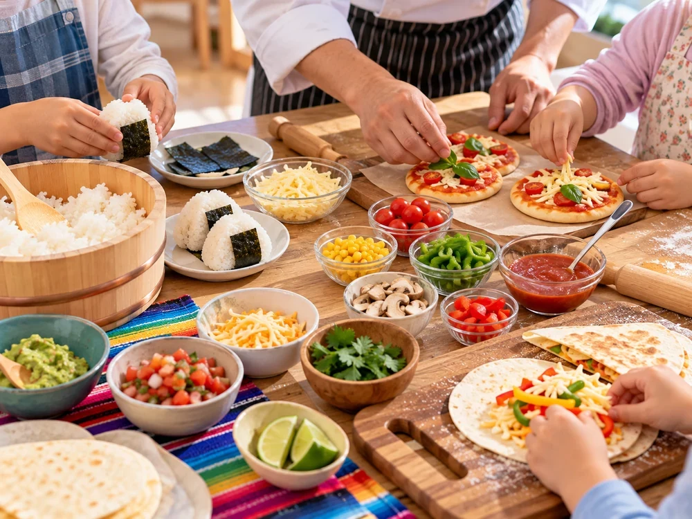 Children's hands preparing international dishes during an illustrative SELS cooking activity.