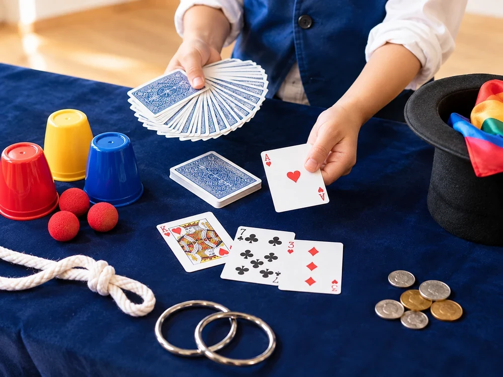 Children's hands performing a playing-card trick with classic magic props during an illustrative SELS magic activity.