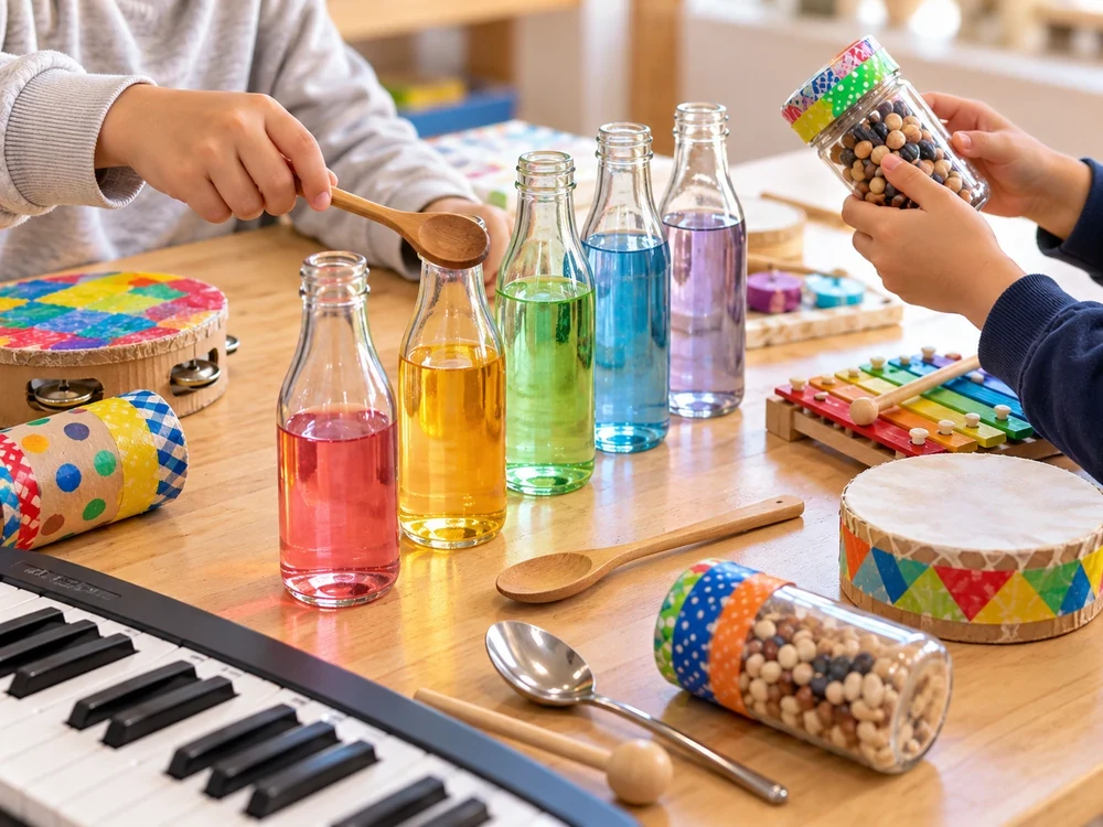 Homemade musical instruments and water-filled bottles illustrating a creative music activity at SELS.