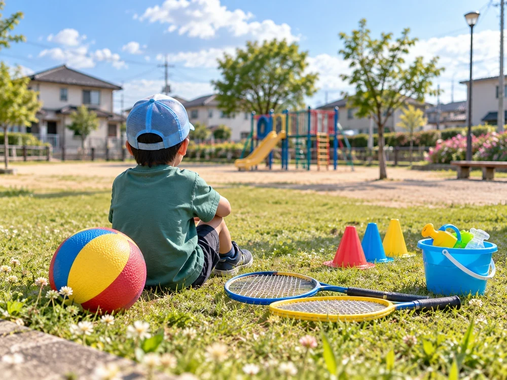 Outdoor play equipment including rackets and balls arranged for a SELS activity in a neighborhood park.