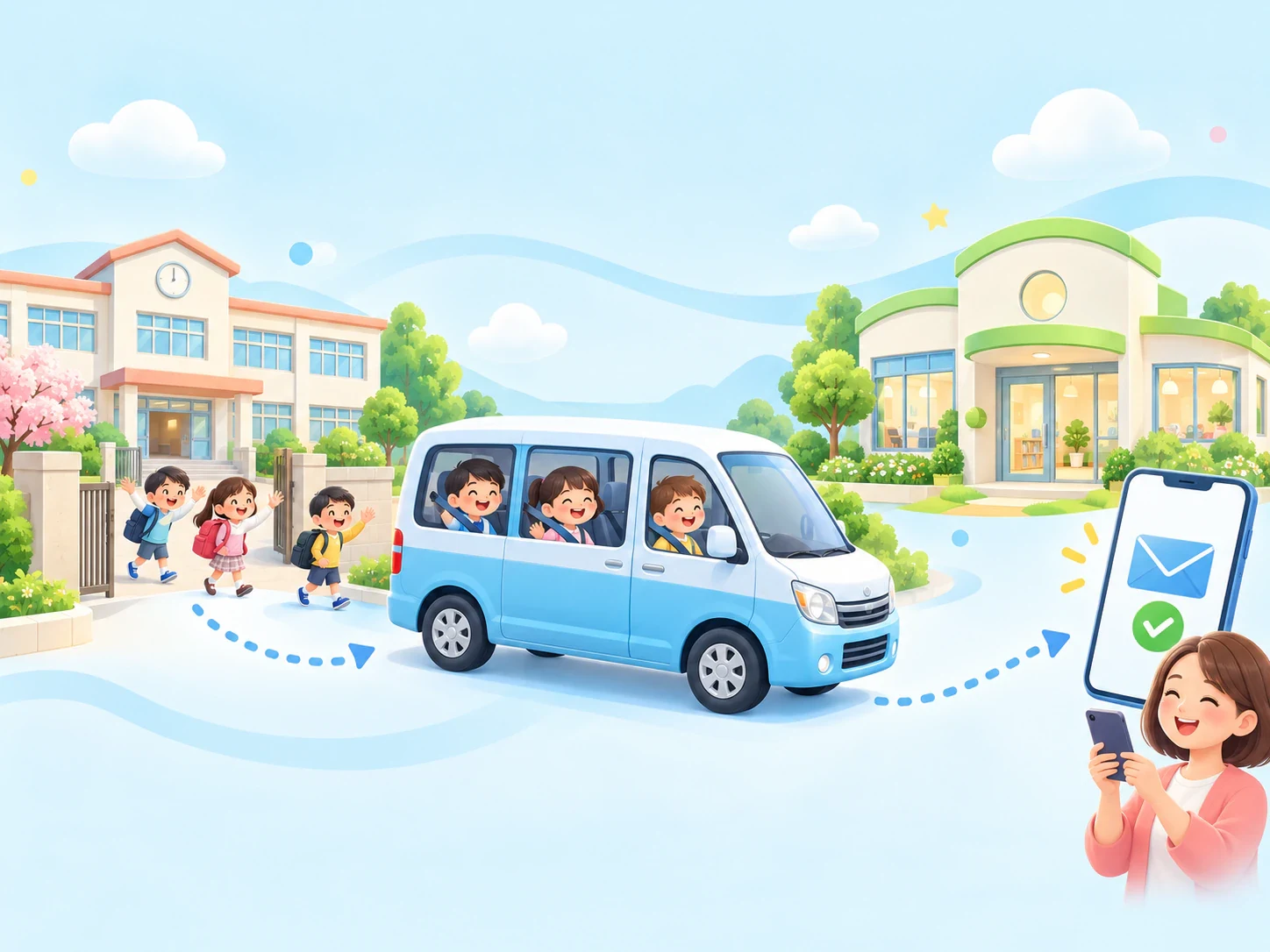 Illustration of school pickup to SELS and an arrival email notification to a parent