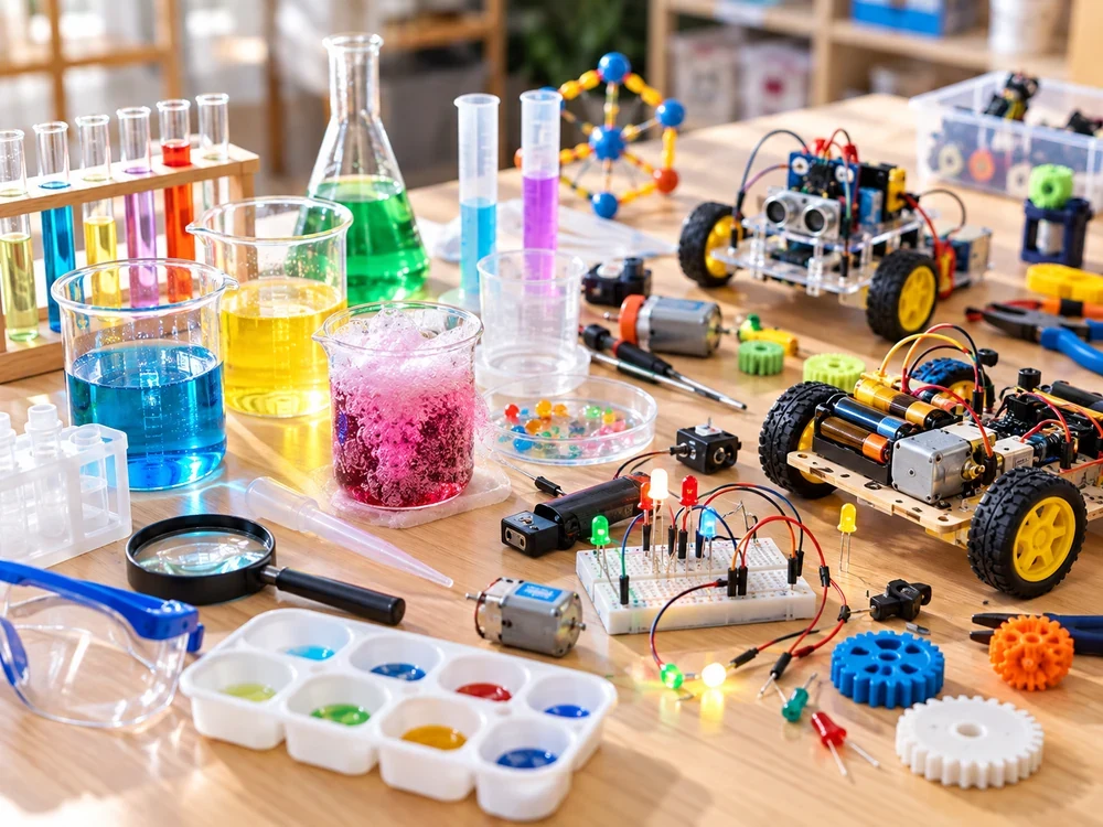 Science experiment equipment, electronic circuits, and handmade educational robots representing SELS science activities.