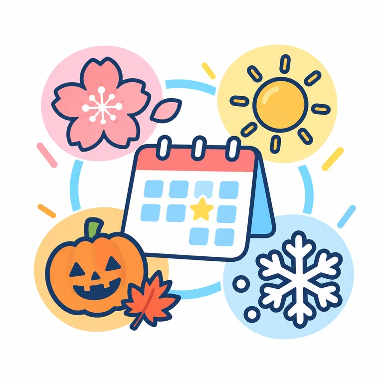 Calendar with cherry blossom, sun, Halloween pumpkin, and snowflake representing SELS seasonal events