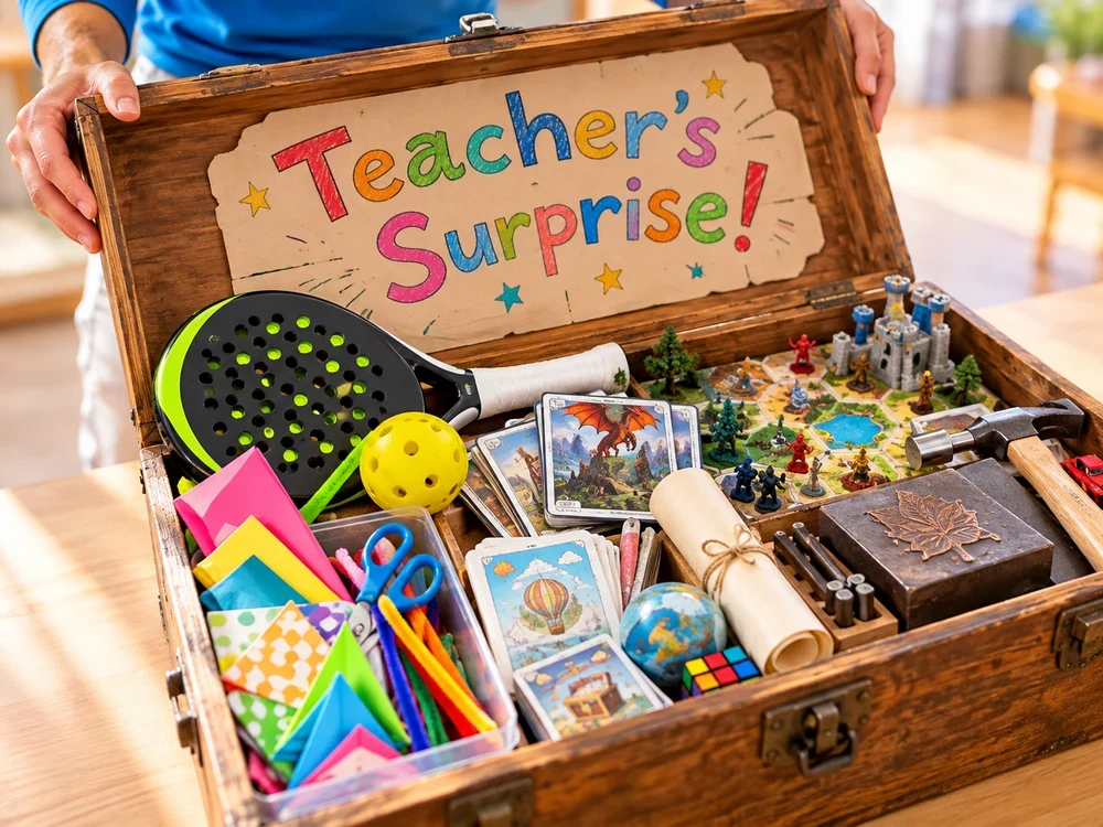 A surprise box filled with games and creative materials representing SELS Teacher's Choice activities.