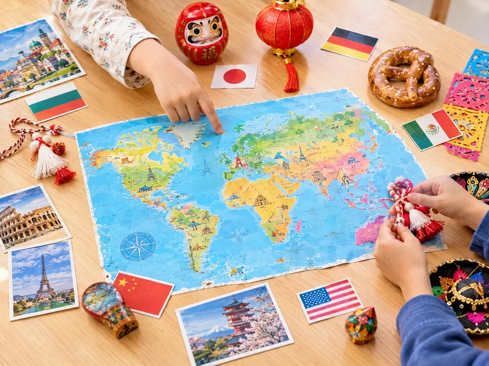A world map and cultural objects representing hands-on cultural discovery activities at SELS.