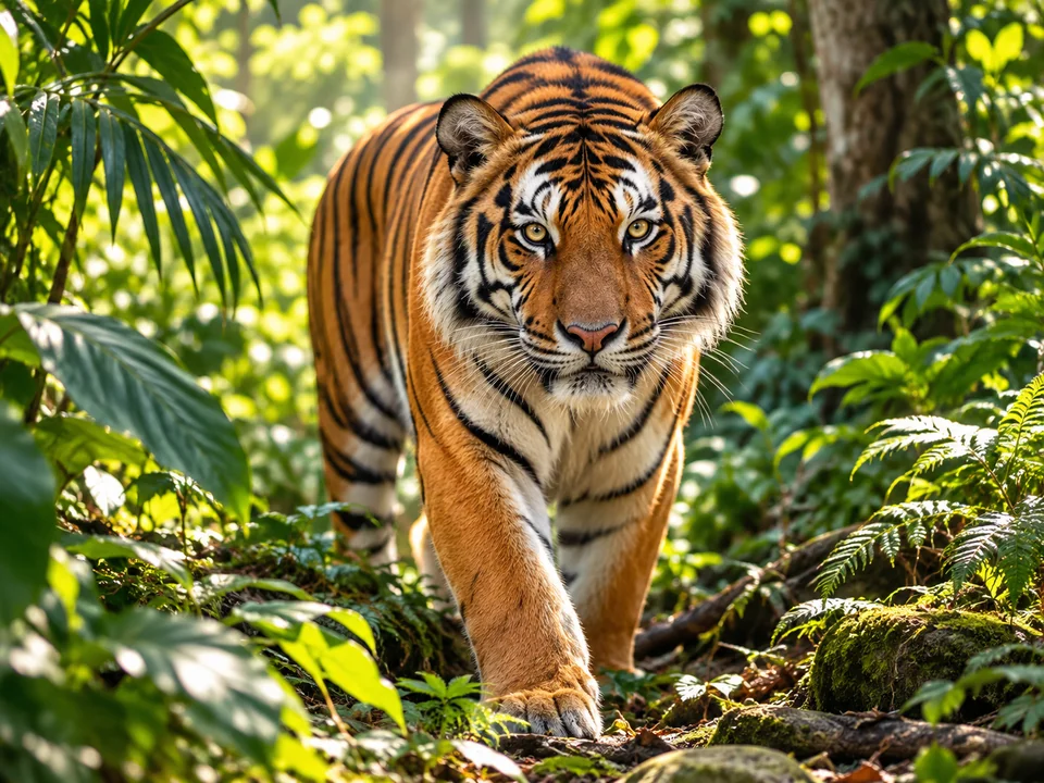 SELS夕方の英語コース「動物・自然」のテーマ画像。緑豊かな森を歩くトラ