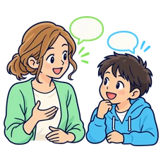 BUILD：先生と生徒が吹き出しを交えて会話するイラスト