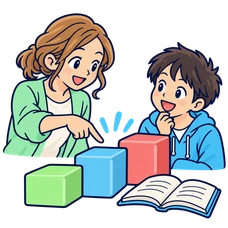 CONNECT：先生が生徒に3段の学習ブロックを示し、開いた本が並ぶイラスト