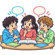 EXPRESS：3人の生徒が机を囲み、本を開いて話し合うイラスト