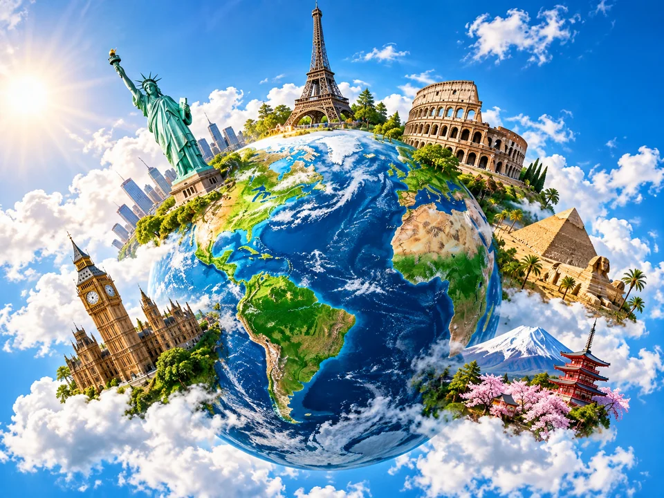 SELS夕方の英語コース「世界の国々」のテーマ画像。世界各国の有名な建造物が並ぶ地球
