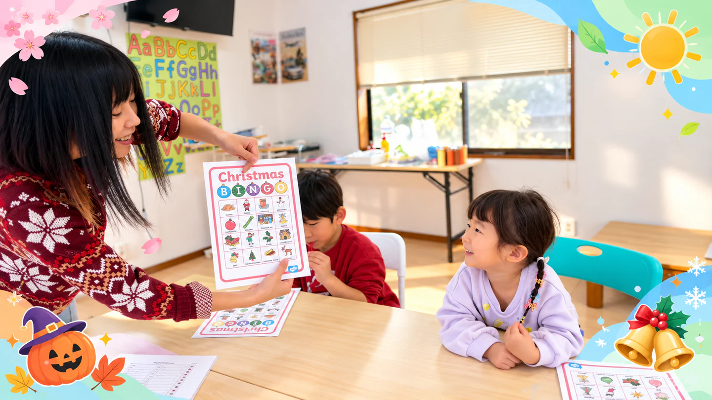 季節の飾りで縁取られた、先生が子どもたちにクリスマスのビンゴカードを見せるSELSの教室