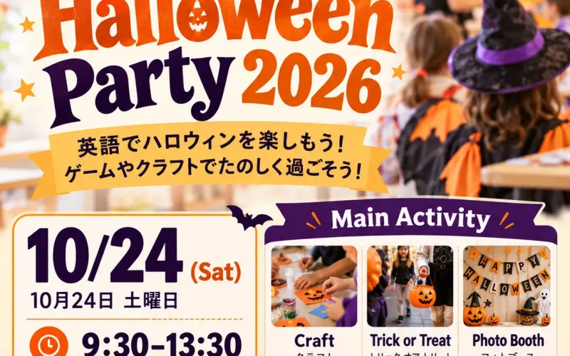 静岡県富士市の子ども英語教室SELS「Halloween Party 2026」のイベント告知チラシ。オレンジ色と紫色のハロウィンデザインで、仮装した子どもたちの写真やクラフト、トリック・オア・トリート、フォトブースの活動例を掲載。10月24日開催、9:30〜13:30、対象年齢、定員10名、参加料金を案内している。