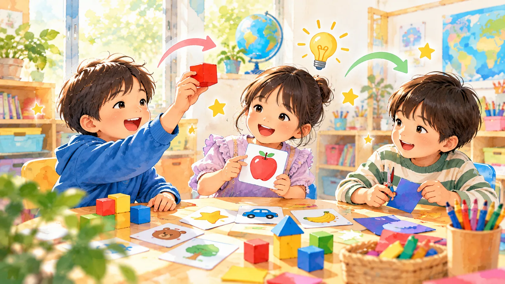 富士市の子ども英会話・英語学童SELSの学習テーマに合わせた、3人の子どもが色やカードを使ったゲームを楽しむイラスト