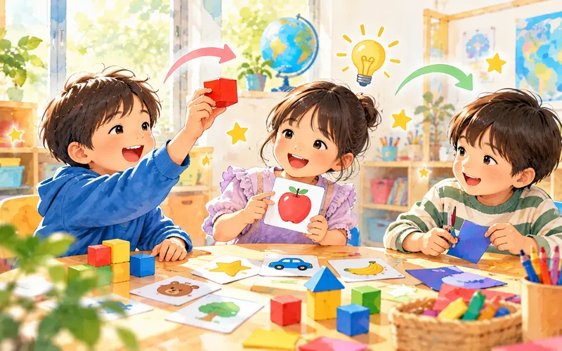 富士市の子ども英会話・英語学童SELSの学習テーマに合わせた、3人の子どもが色やカードを使ったゲームを楽しむイラスト