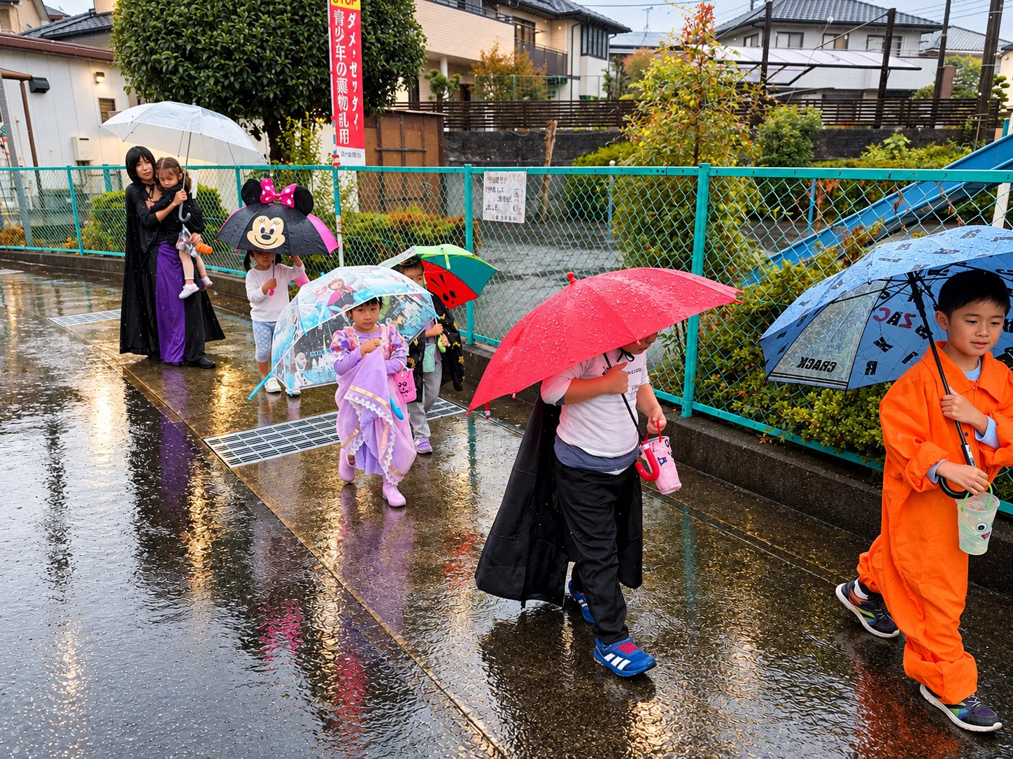 2026年10月24日のSELSハロウィンパーティーで、富士市の住宅街をご近所へのTrick or Treatに向かって歩く子どもたち。雨の中、色とりどりの傘を差し、ハロウィンの仮装をして歩いています。子どもたちは手作りのハロウィンバッグを持ち、地域の方々との交流を楽しみました。